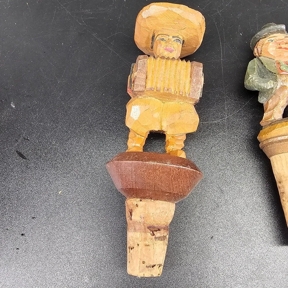Bottle Stoppers Set of 3 Vintage Black Forest Hand Carved Wood Folk Art